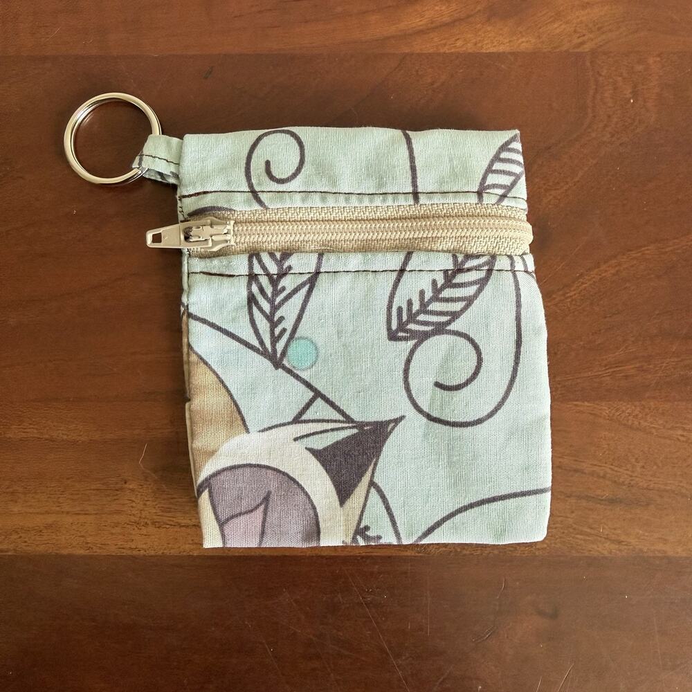 Handmade Light Blue Tan Brown Floral Coin Pouch with Keychain Clip Zip Closure